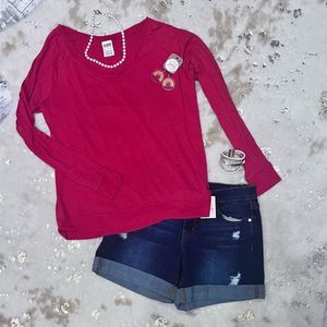 PINK Victoria’s Secret V-neck Wide Neck Banded Long Sleeve Tee Red💗